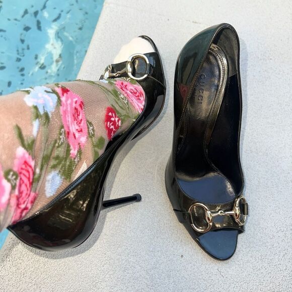 GUCCI Green Patent Leather Hollywood Horsebit Peep Toe Pumps Size 7.5 - Picture 3 of 12